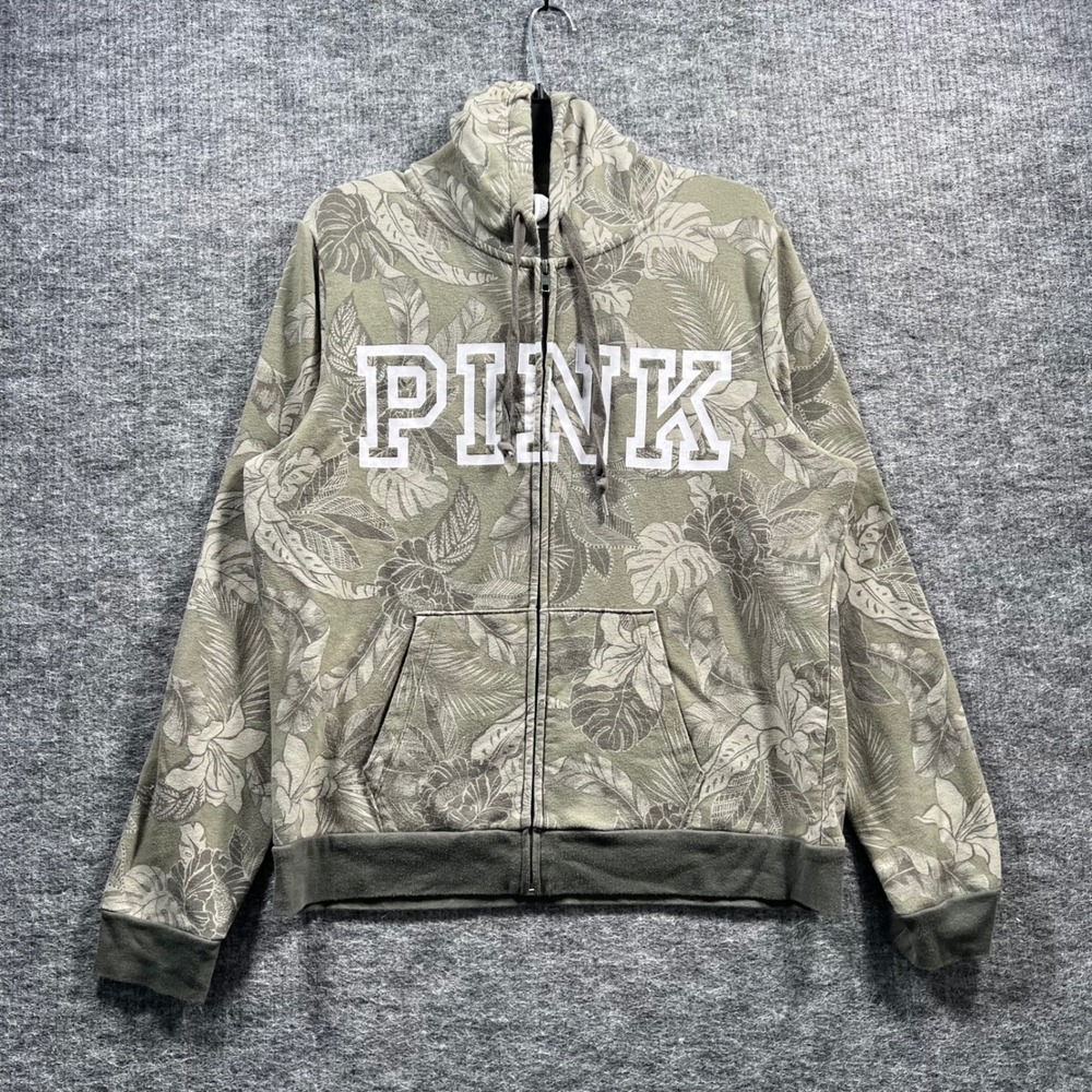 PINK Victoria's Secret Full Zip Hoodie Large Olive Green Tropical Floral Logo